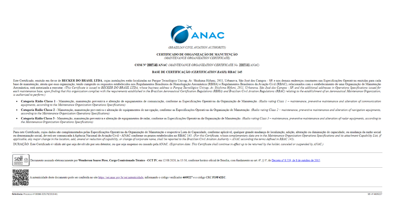 BECKER recebe Certificado de Manutenção pela ANAC